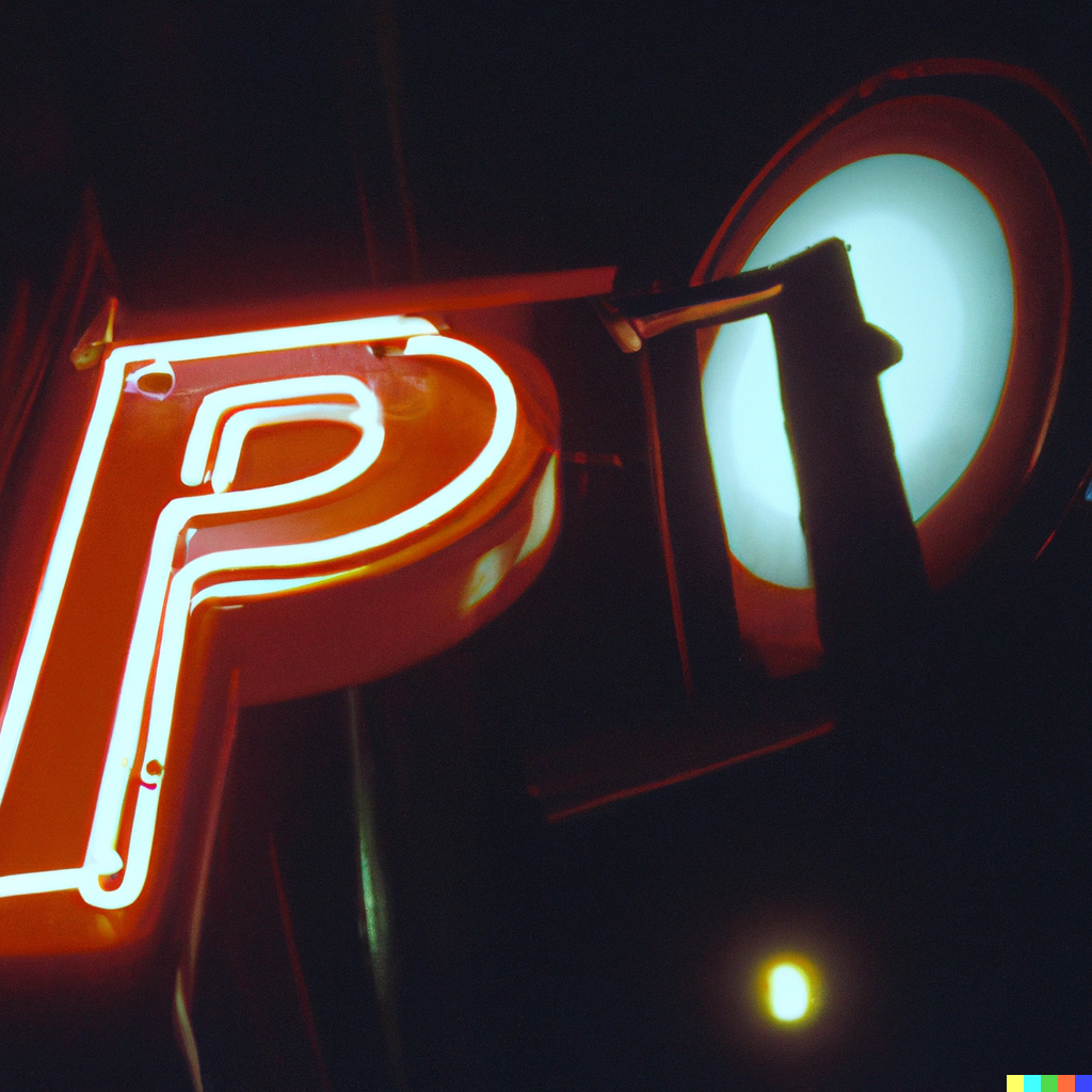 A vintage neon sign that just says  the letter P photographed on a film camera using a wide angle lens in 1996 on a summer night in downtown sacramento, vintage photography.